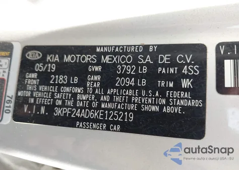 2019 Kia Forte Lxs from USA, damaged, VIN 3KPF24AD6KE125219